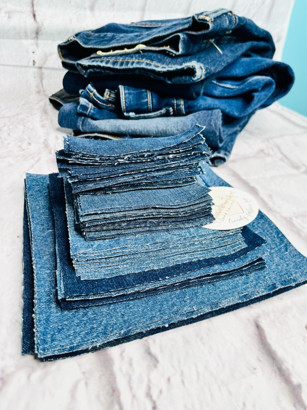 Reclaimed Denim Fabric Squares 4” Craft Bundle (Set of 10) - Picture 4 of 4